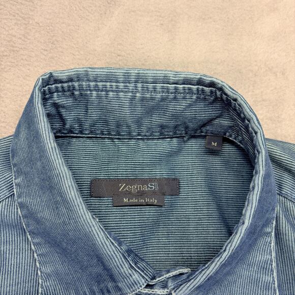 Zegna Sport Corduroy Shirt Mens Medium Blue Long Sleeve Fine Wales Made in Italy - Picture 3 of 8